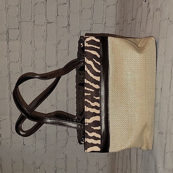 Estee Lauder Mini Tote with coin purse Tan Burlap and Brown and Tan Zebra Print - Picture 3 of 4